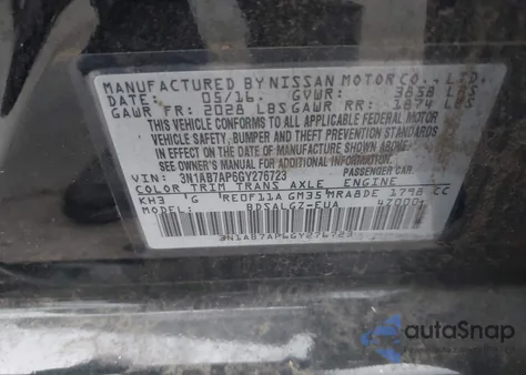 2016 Nissan Sentra Sl из США, поврежденный, VIN 3N1AB7AP6GY276723